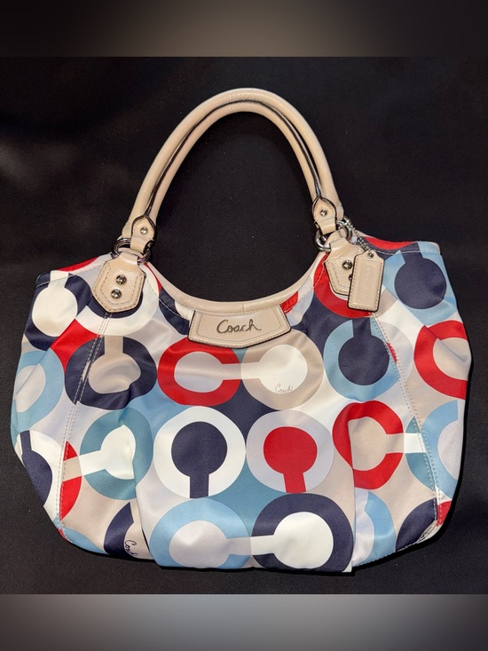 Coach Handbags - Coach Ashley Op Art Scarf Purse Tote Multicolor Red,White, & Blue